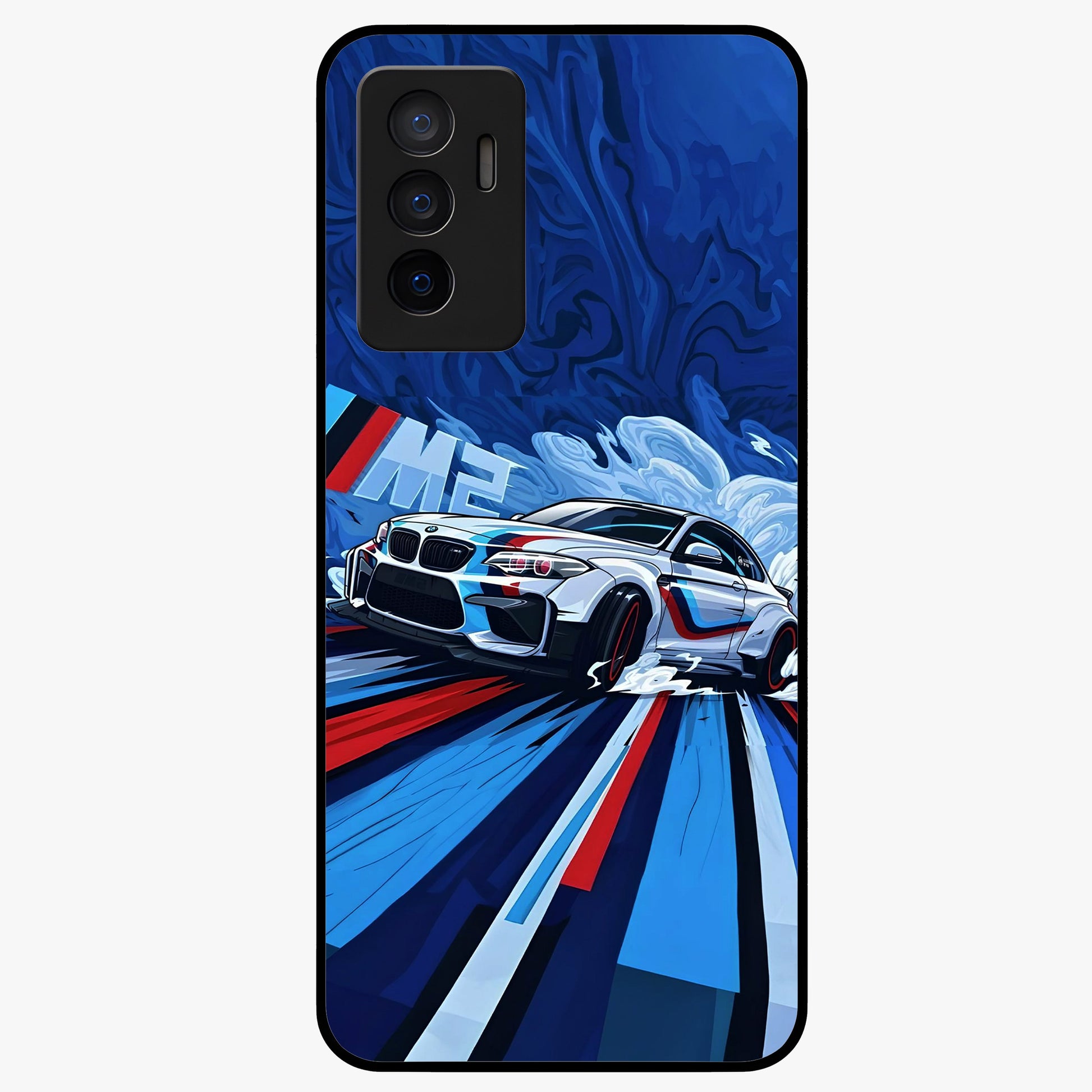Drift Power Rush Glass Case showing flat back view with dynamic racing inspired artwork and glossy glass finish.