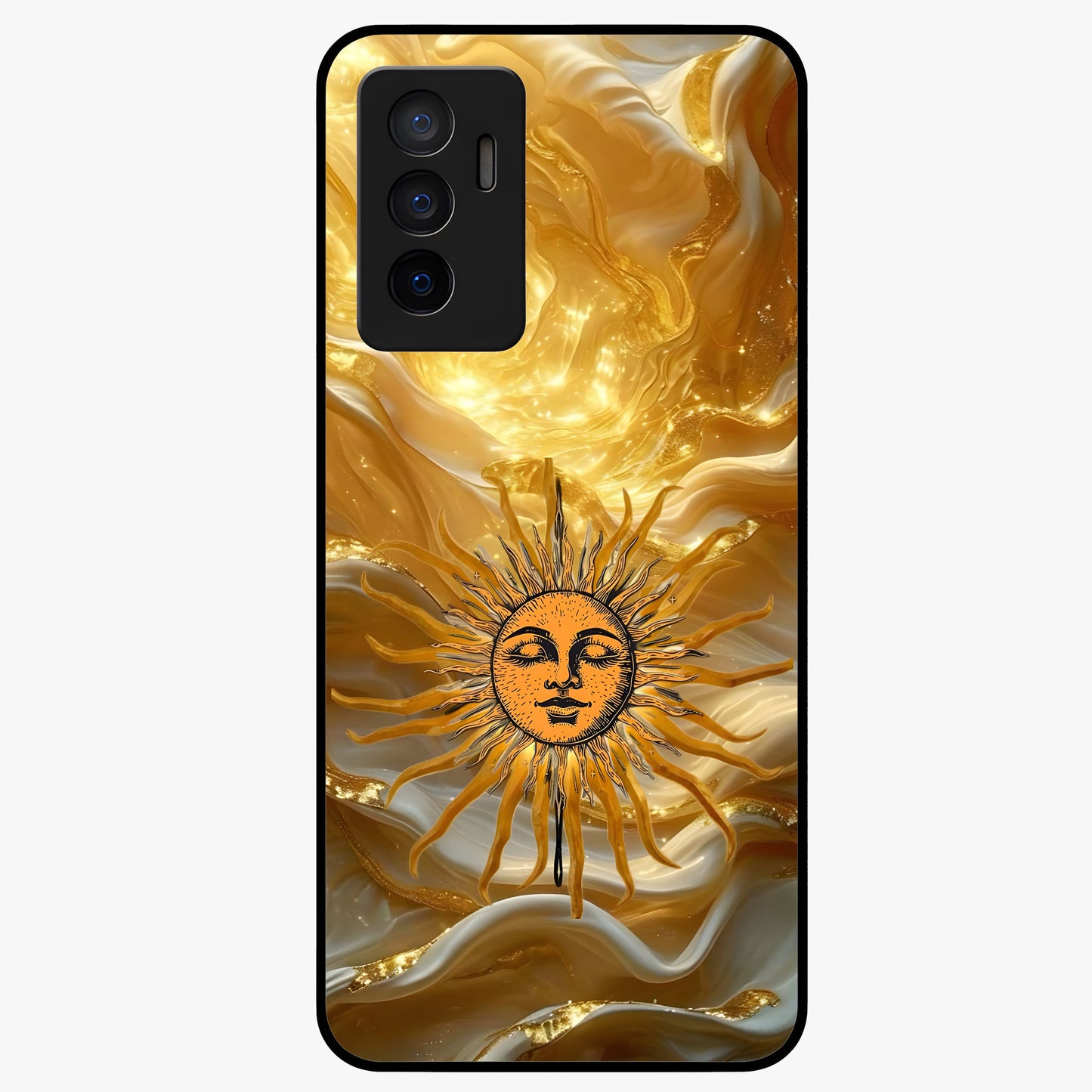 Eternal Golden Glow Glass Case showing flat back view with radiant golden themed artwork and glossy glass finish.