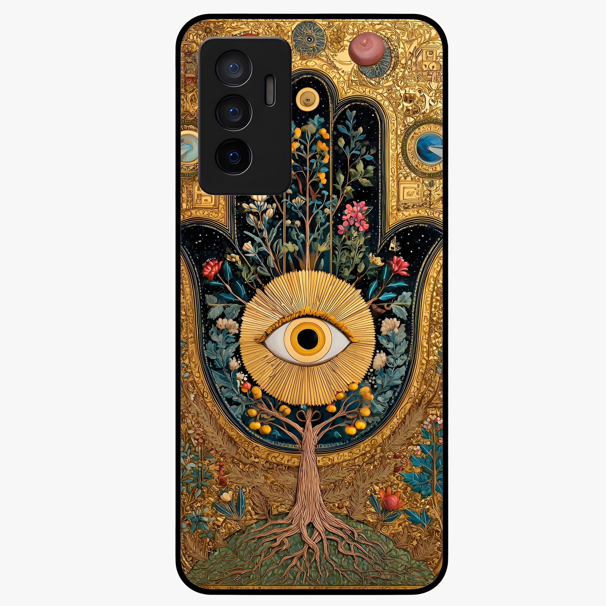 Ethereal Evil Eye Glass Case showing flat back view with mystical evil eye artwork and glossy glass finish.