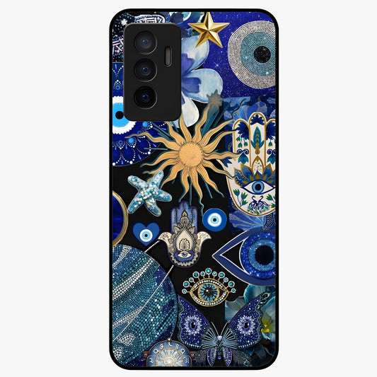 Evil Eye Charm Mix Glass Case showing flat back view with multiple evil eye charms artwork and glossy glass finish.