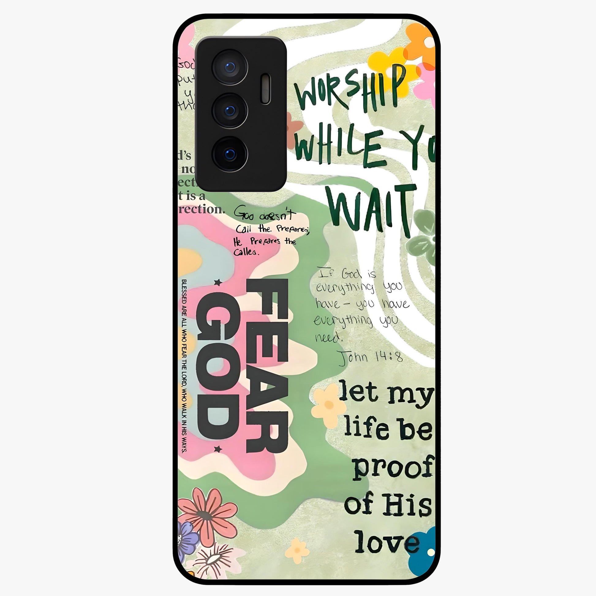 Faith Over Fear Glass Case showing flat back view with motivational typography artwork and glossy glass finish.