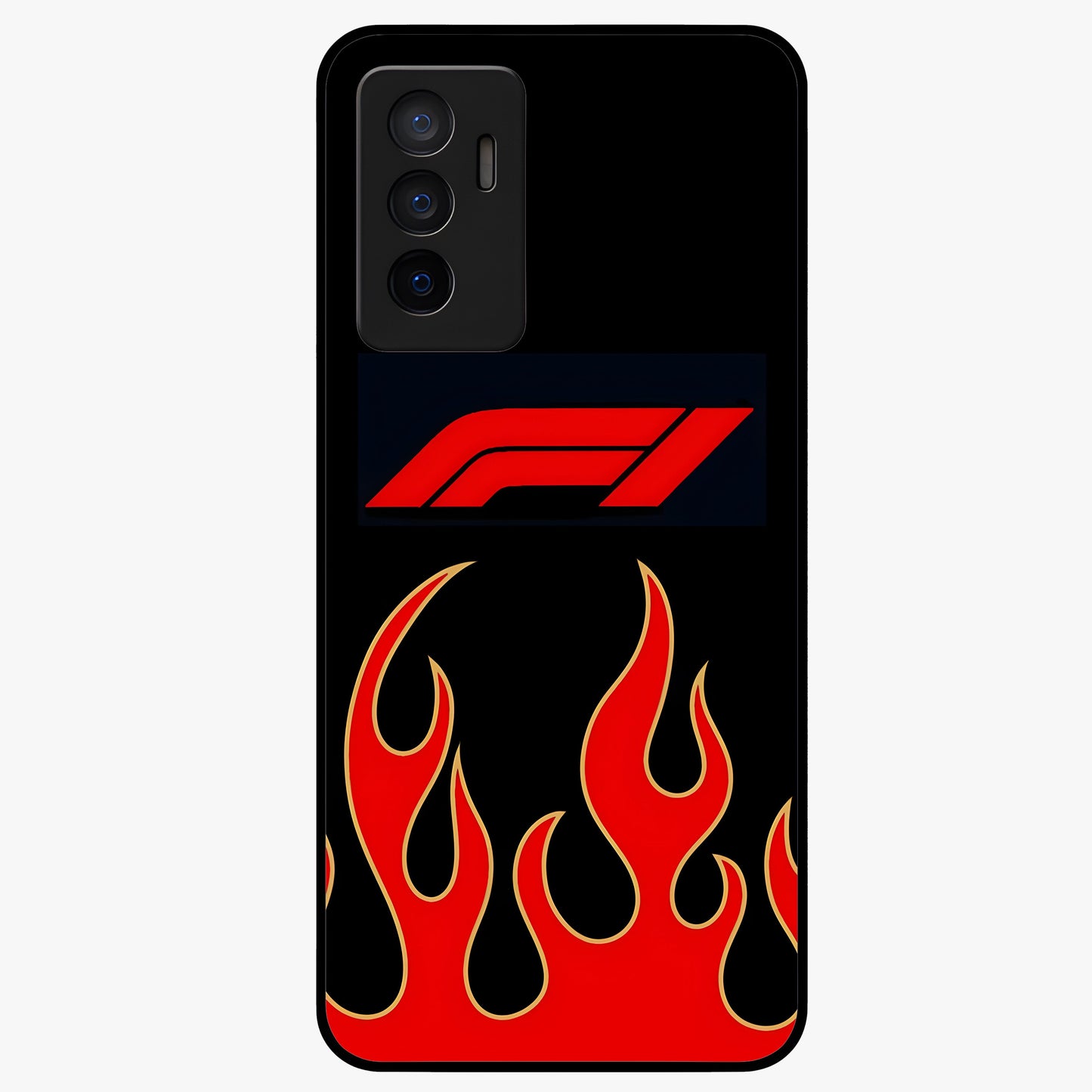 Fire F11 Glass Case showing flat back view with fiery themed artwork and glossy glass finish.