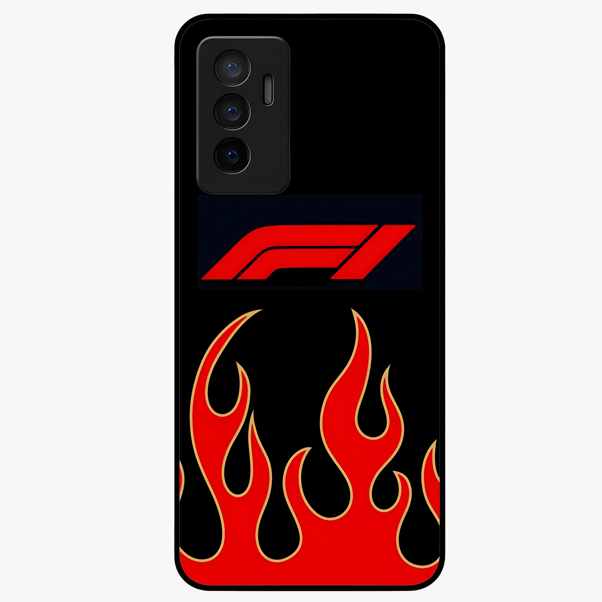 Fire F11 Glass Case showing flat back view with fiery themed artwork and glossy glass finish.