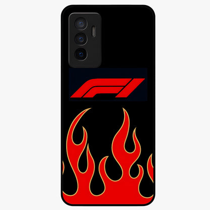 Fire F11 Glass Case showing flat back view with fiery themed artwork and glossy glass finish.