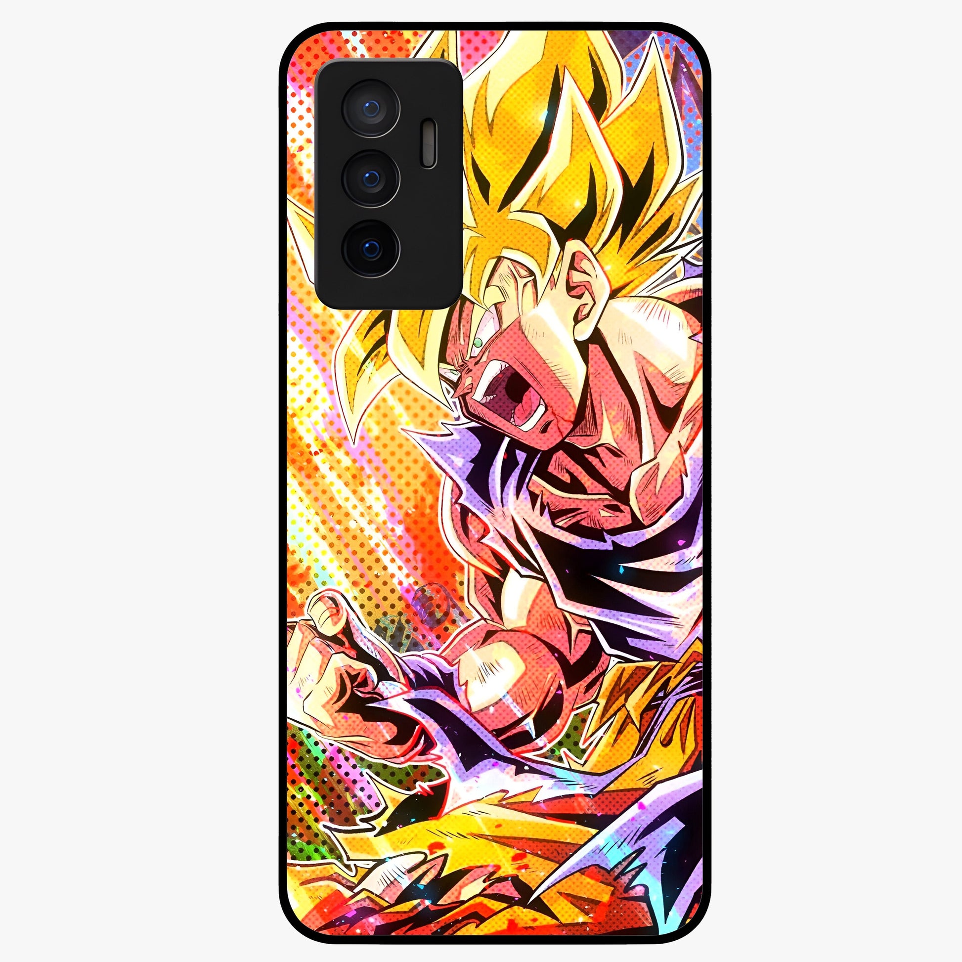 Firing Goku Glass Case showing flat back view with powerful anime inspired artwork and glossy glass finish.