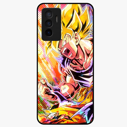 Firing Goku Glass Case showing flat back view with powerful anime inspired artwork and glossy glass finish.