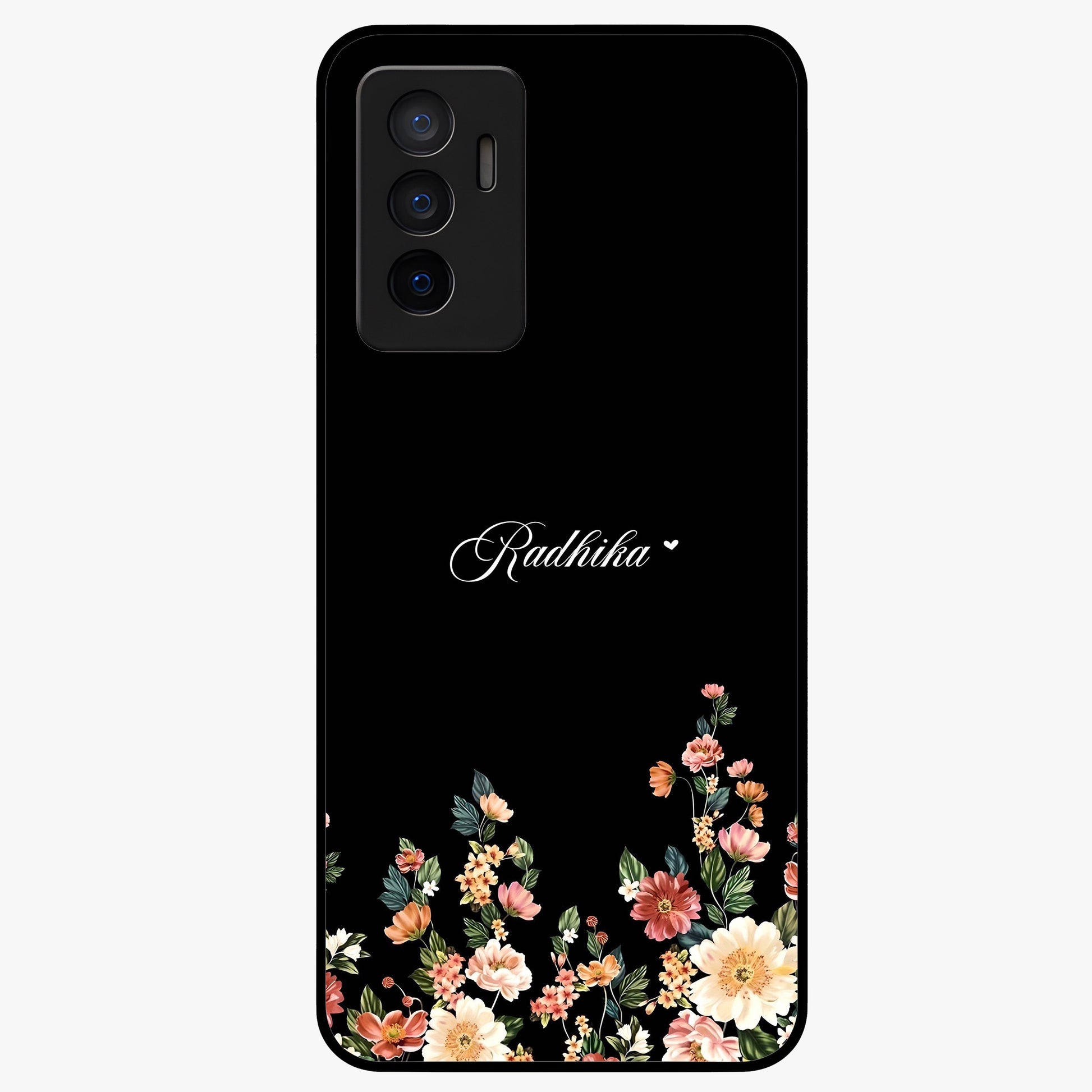 Floral Design With a Custom Personalized Name Glass Case showing flat back view with floral artwork and personalized name design.