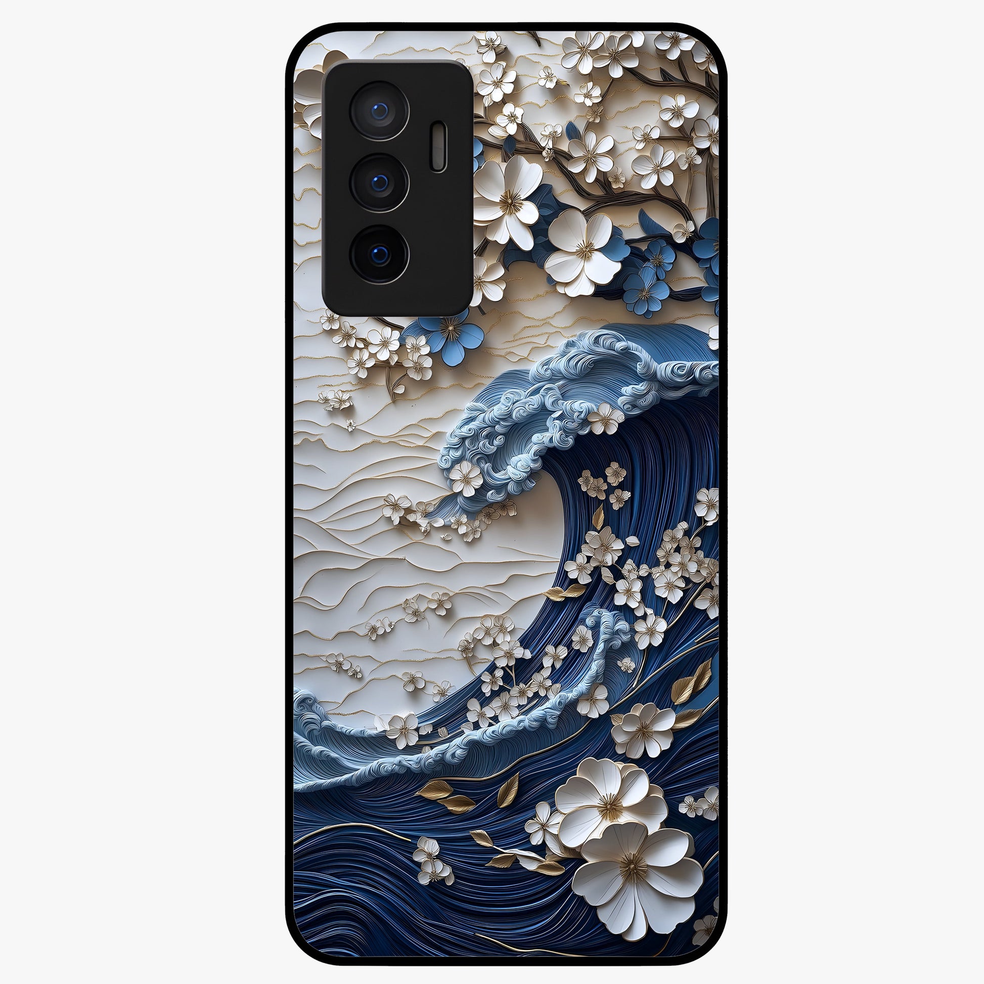 Floral Wave Origami Glass Case showing flat back view with origami inspired floral wave artwork and glossy glass finish.
