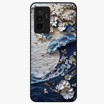 Floral Wave Origami Glass Case showing flat back view with origami inspired floral wave artwork and glossy glass finish.