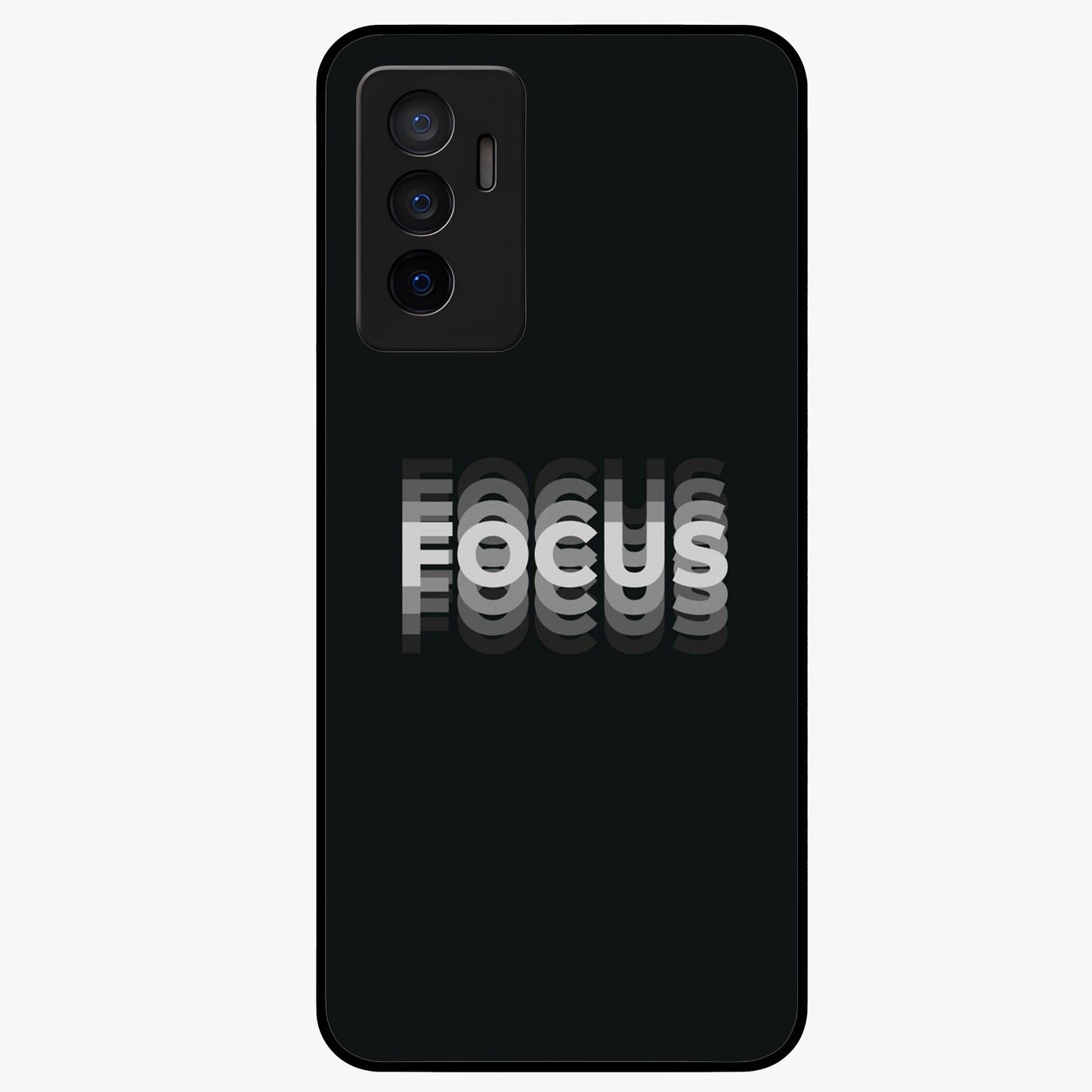Focus Mode On Glass Case showing flat back view with bold motivational typography design and glossy glass finish.