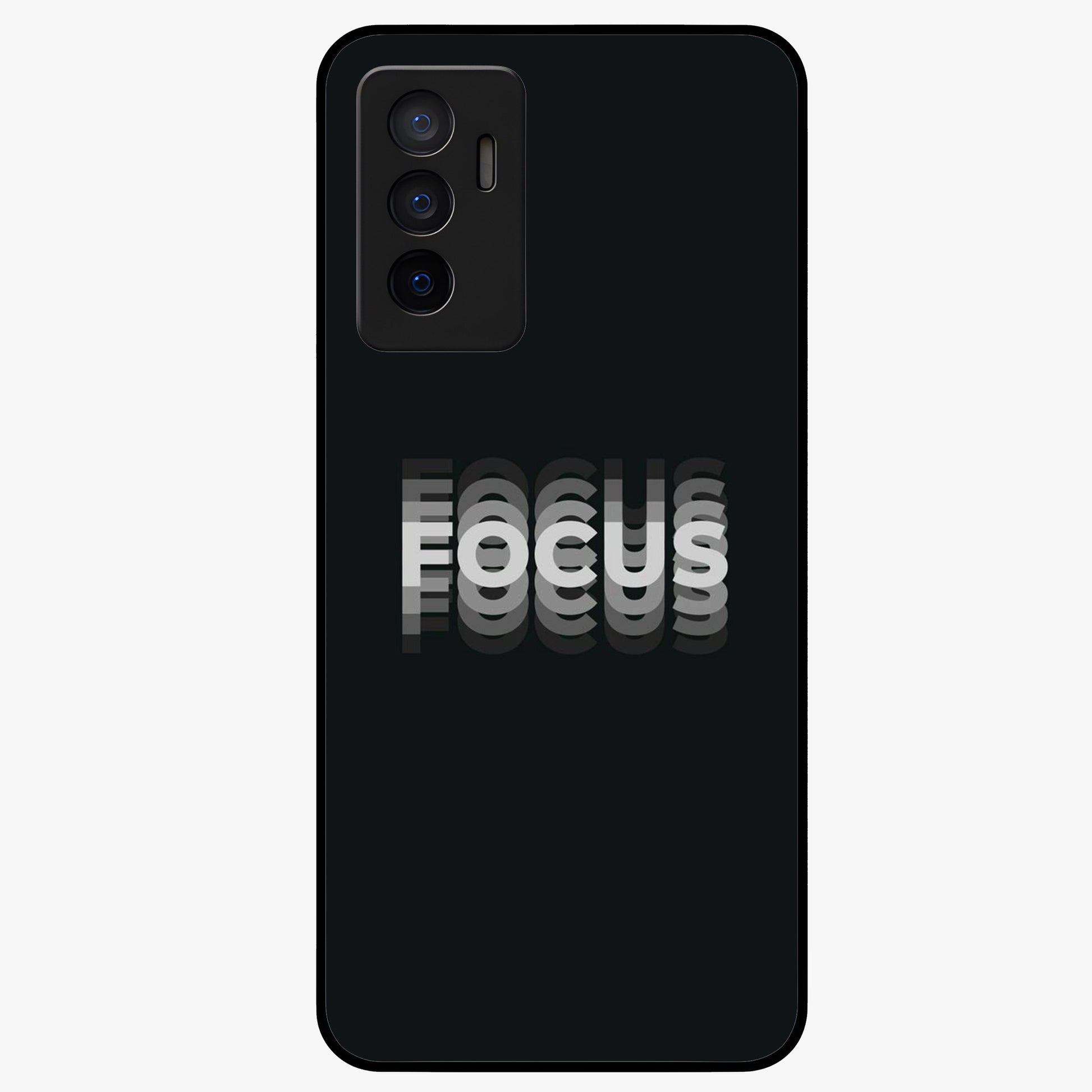 Focus Mode On Glass Case showing flat back view with bold motivational typography design and glossy glass finish.