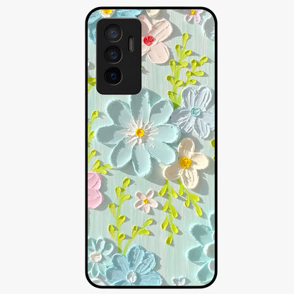 Frosted Petal Garden Glass Case showing flat back view with soft frosted floral artwork and glossy glass finish.