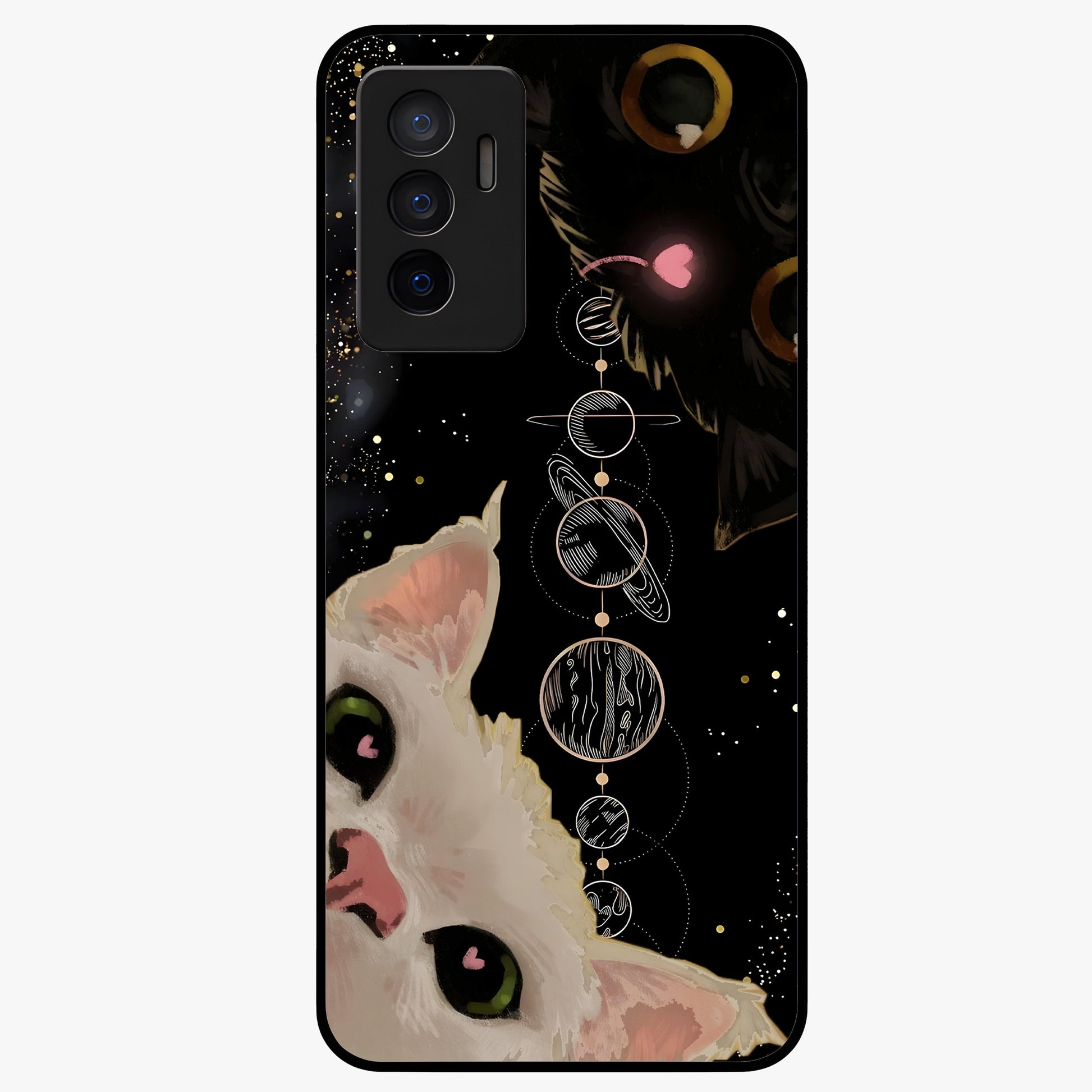 Galactic Cat Glass Case showing flat back view with cosmic cat artwork and glossy glass finish.