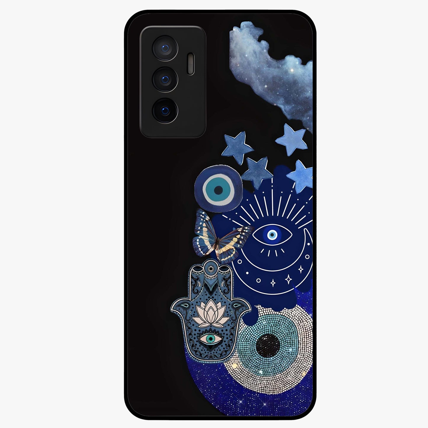 Galactic Charm Cluster Glass Case showing flat back view with glowing celestial charm artwork and glossy glass finish.