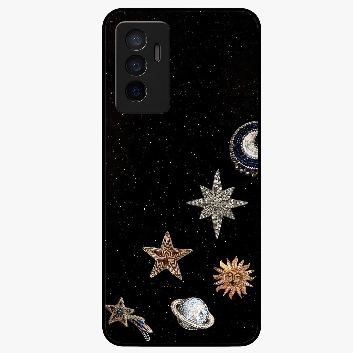 Galactic Charm Glow Glass Case showing flat back view with glowing celestial charm artwork and glossy glass finish.