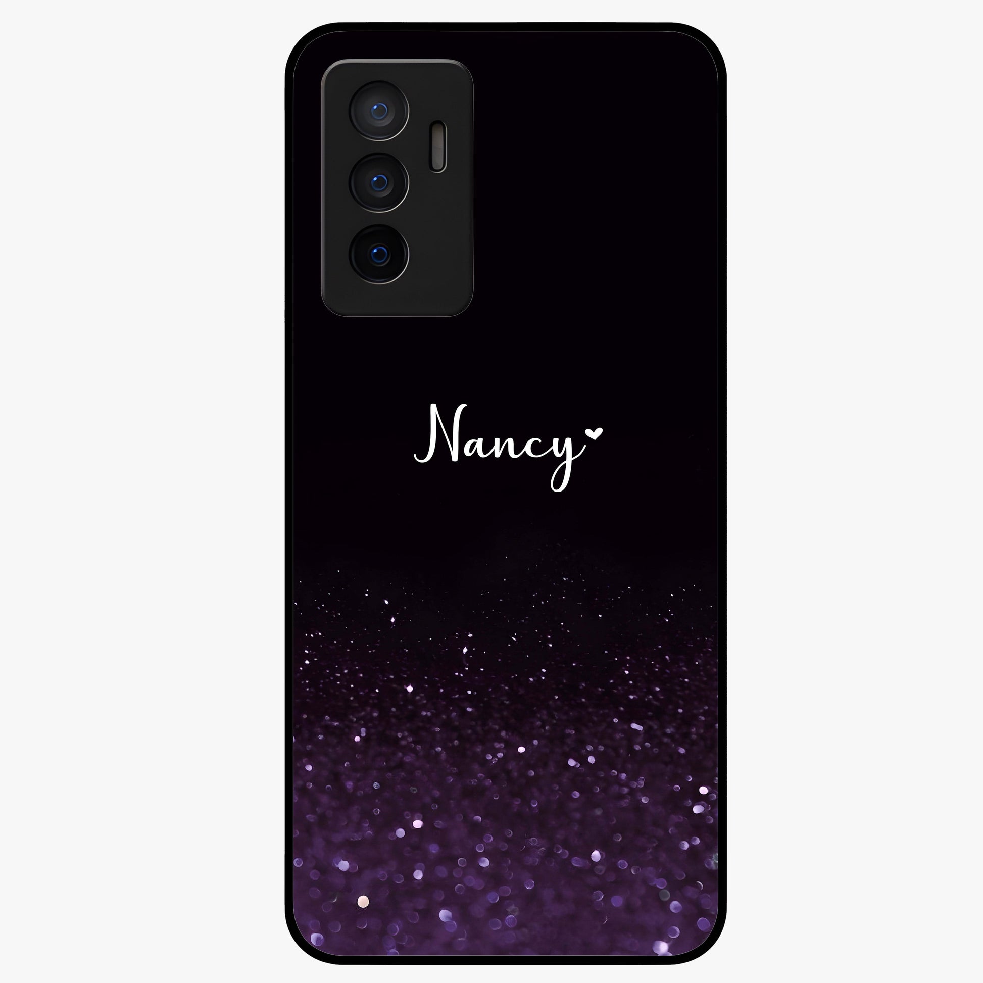 Glittery Purple Bokeh Custom Name Glass Case showing flat back view with purple bokeh sparkle artwork and personalized name design.