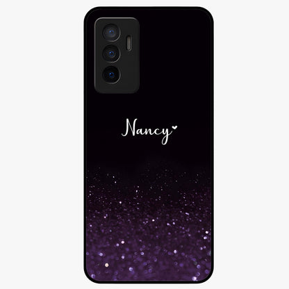 Glittery Purple Bokeh Custom Name Glass Case showing flat back view with purple bokeh sparkle artwork and personalized name design.