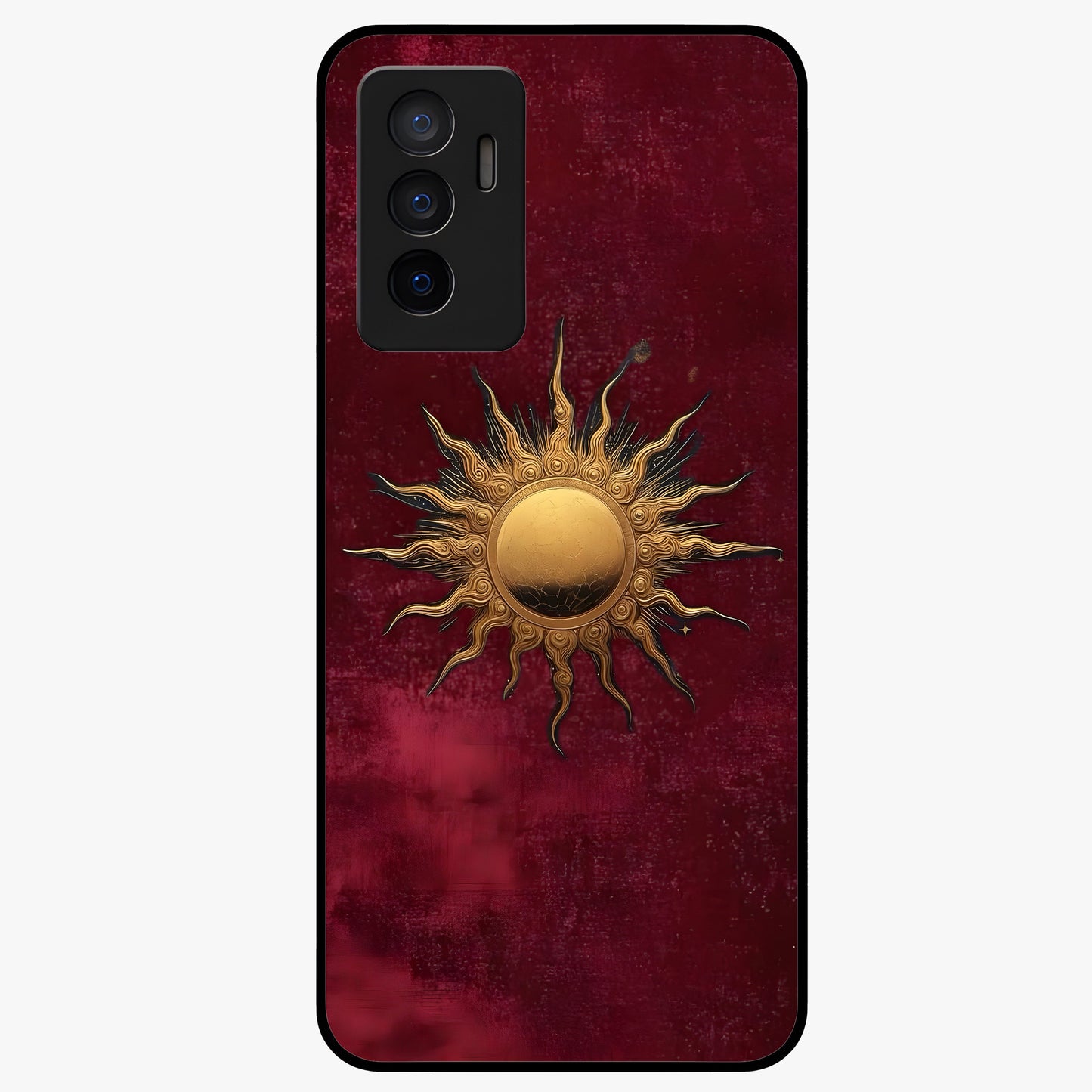 Gold Sun Blush Glass Case showing flat back view with golden sun inspired artwork and glossy glass finish.