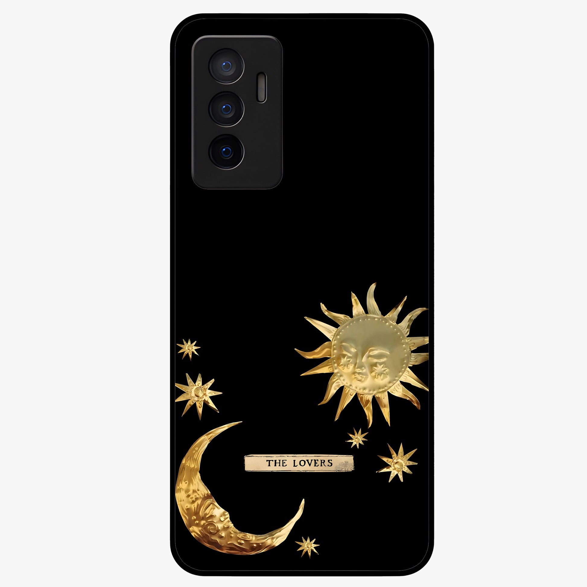 Golden Celestial Charm Glass Case showing flat back view with golden celestial charm artwork and glossy glass finish.