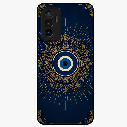 Golden Evil Eye Mandala Glass Case showing flat back view with intricate evil eye mandala artwork and glossy glass finish.