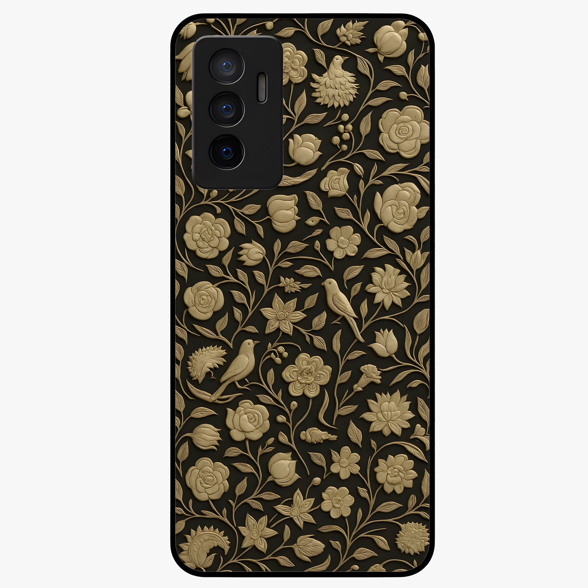 Golden Floral Majesty Glass Case showing flat back view with luxurious golden floral artwork and glossy glass finish.