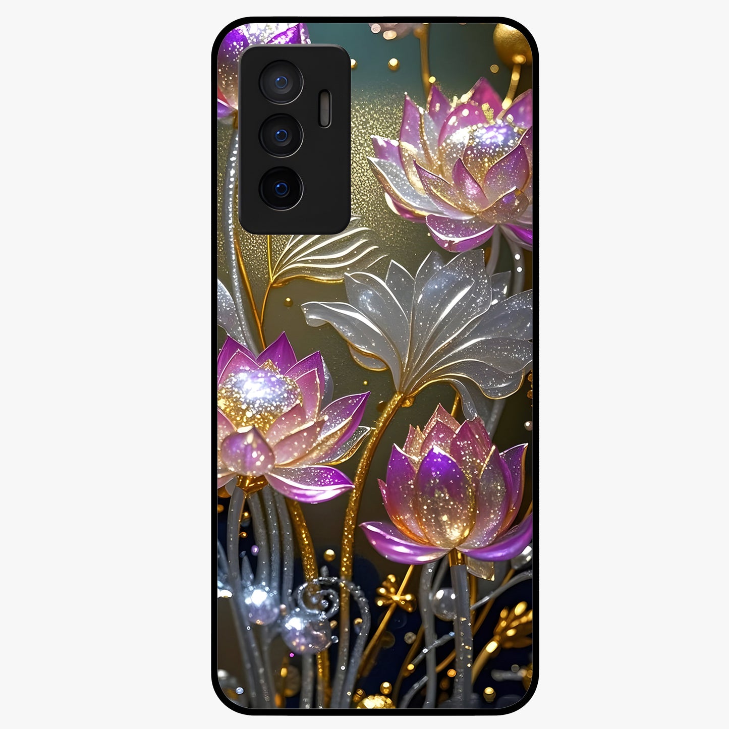 Golden Lotus Glow Glass Case showing flat back view with glowing lotus flower artwork and glossy glass finish.