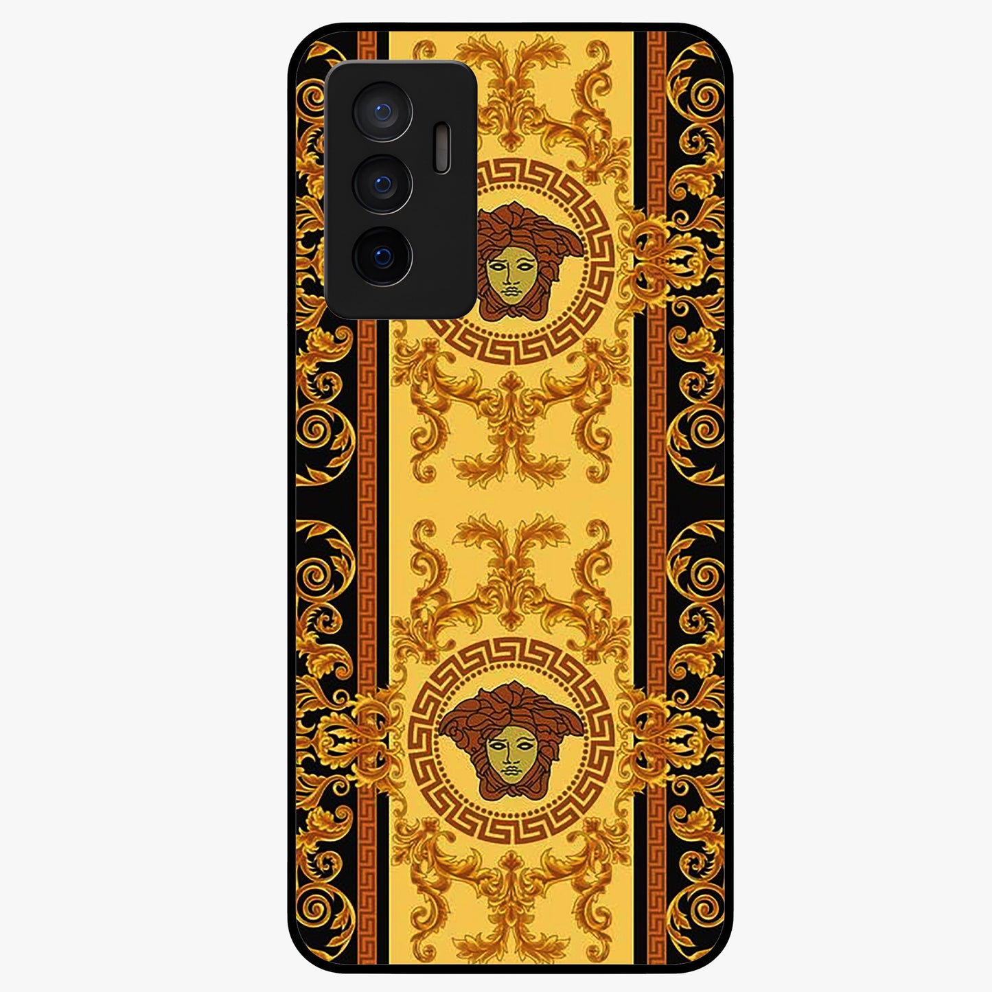 Golden Royal Heritage Glass Case showing flat back view with ornate royal pattern artwork and glossy glass finish.
