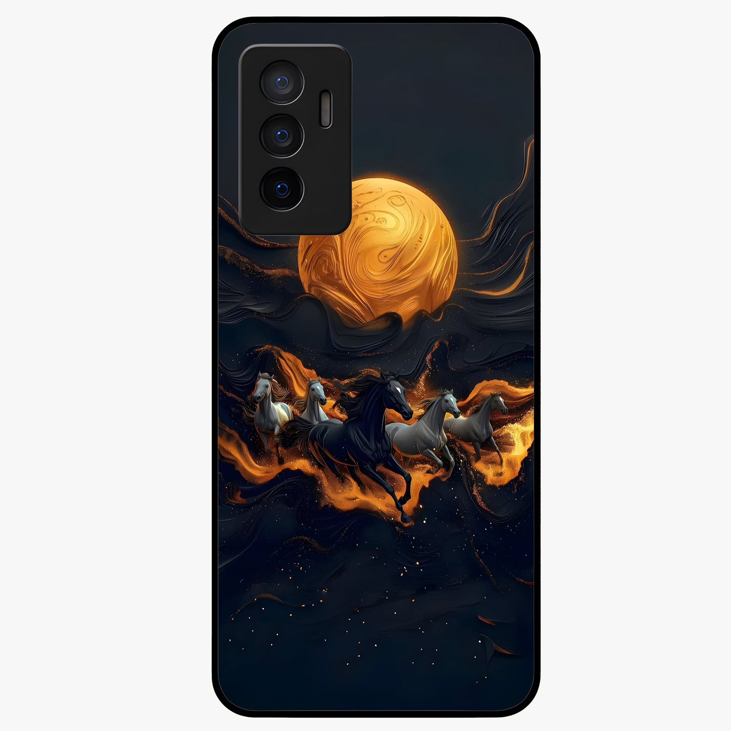 Golden Stallion Moonride Glass Case showing flat back view with majestic horse under moonlight artwork and glossy glass finish.
