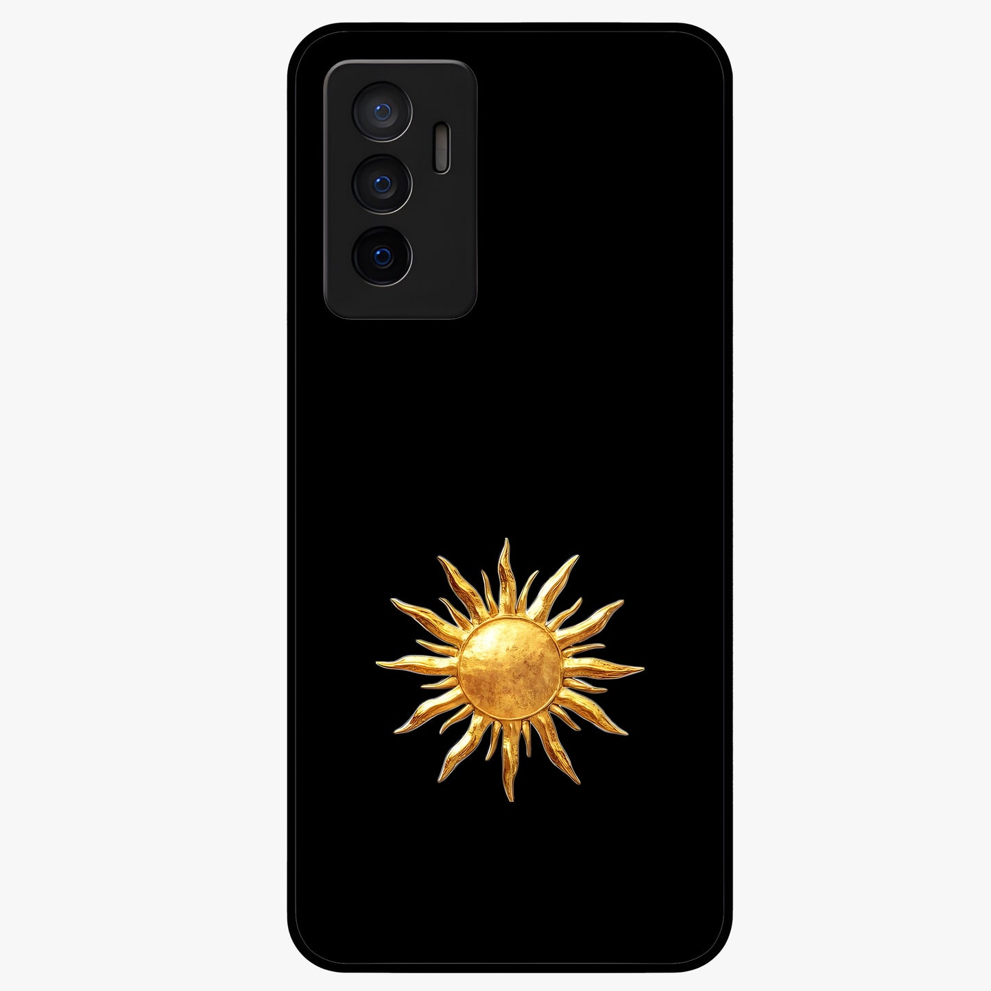 Golden Sun Minimalism Glass Case showing flat back view with minimal golden sun artwork and glossy glass finish.