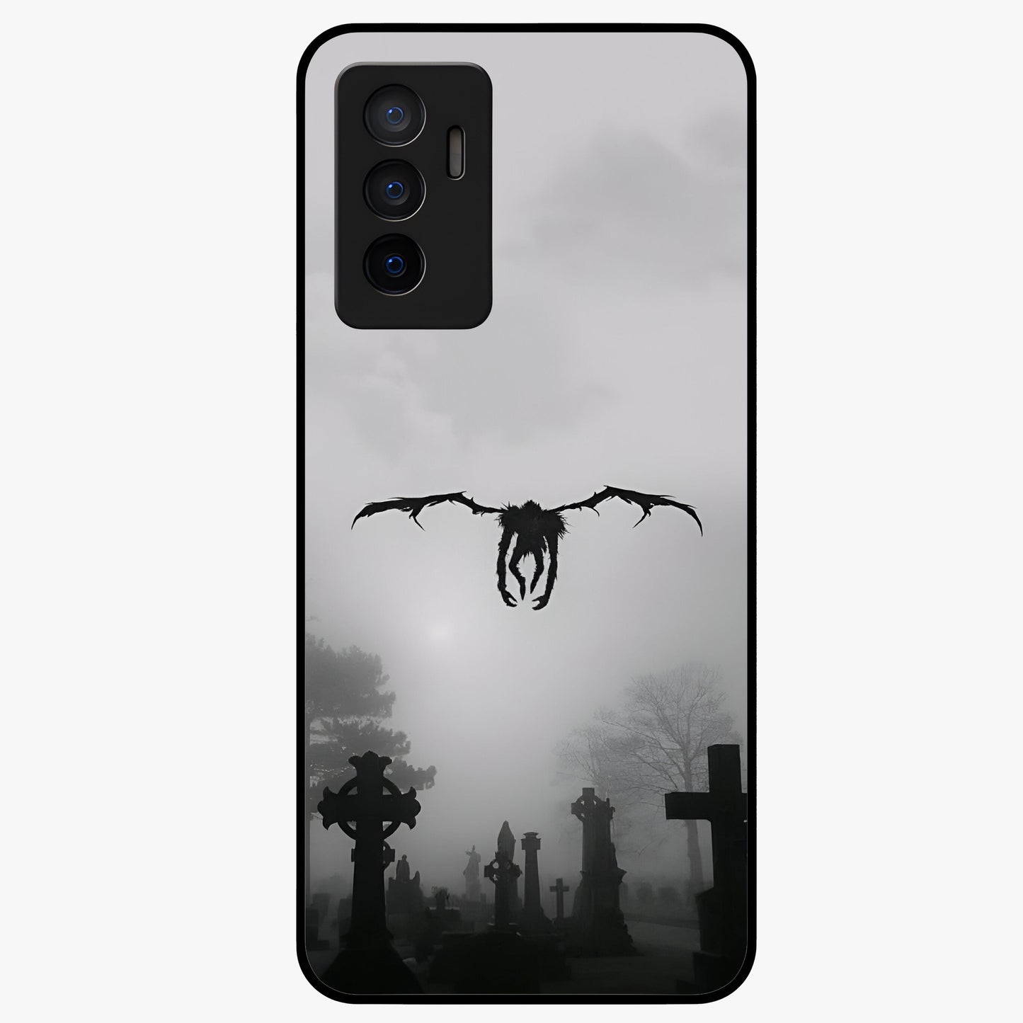 Graveyard Shadow Descent Glass Case showing flat back view with dark graveyard themed artwork and glossy glass finish.