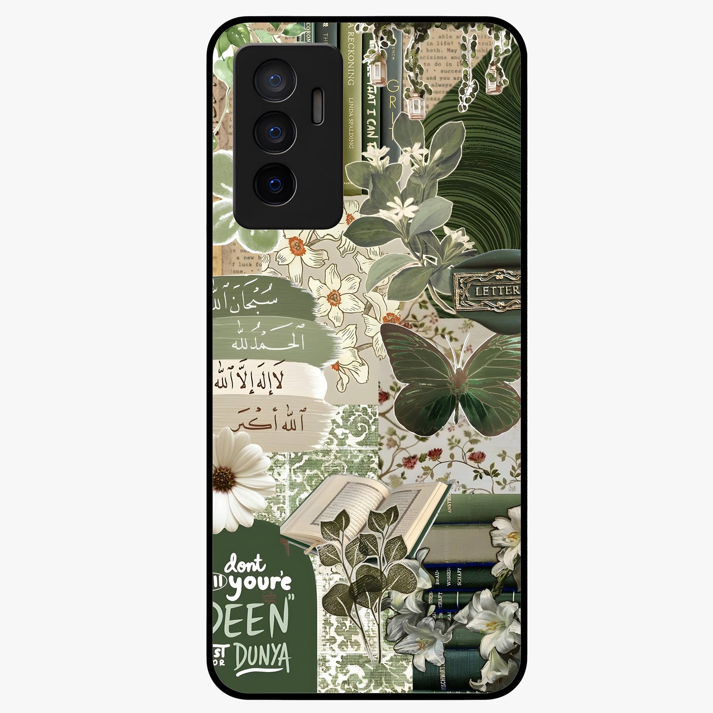 Green Islamic Books Quotes Glass Case showing flat back view with Islamic quotes and book themed artwork and glossy glass finish.