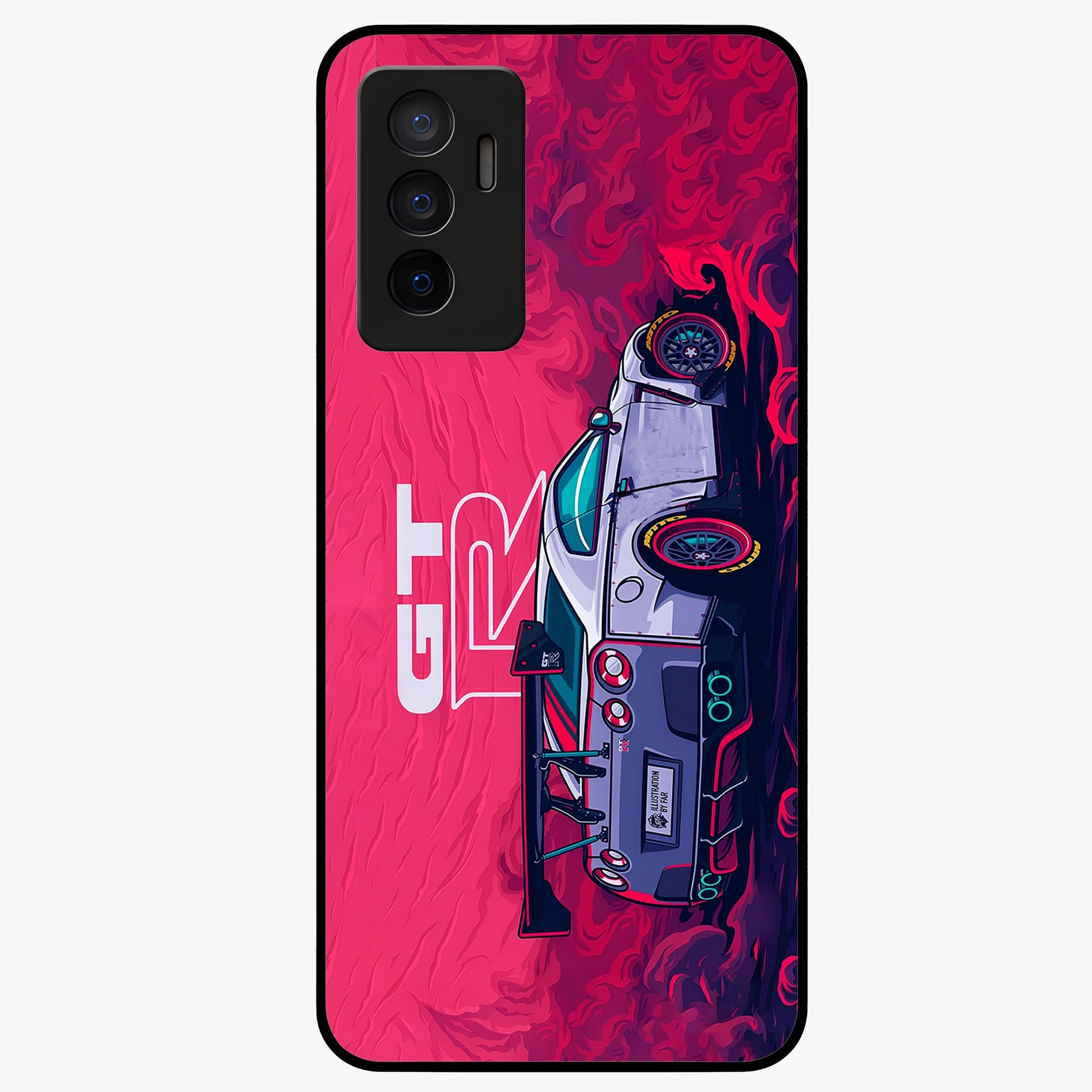 GT-R Car Pattern Glass Case showing flat back view with sporty car inspired pattern artwork and glossy glass finish.