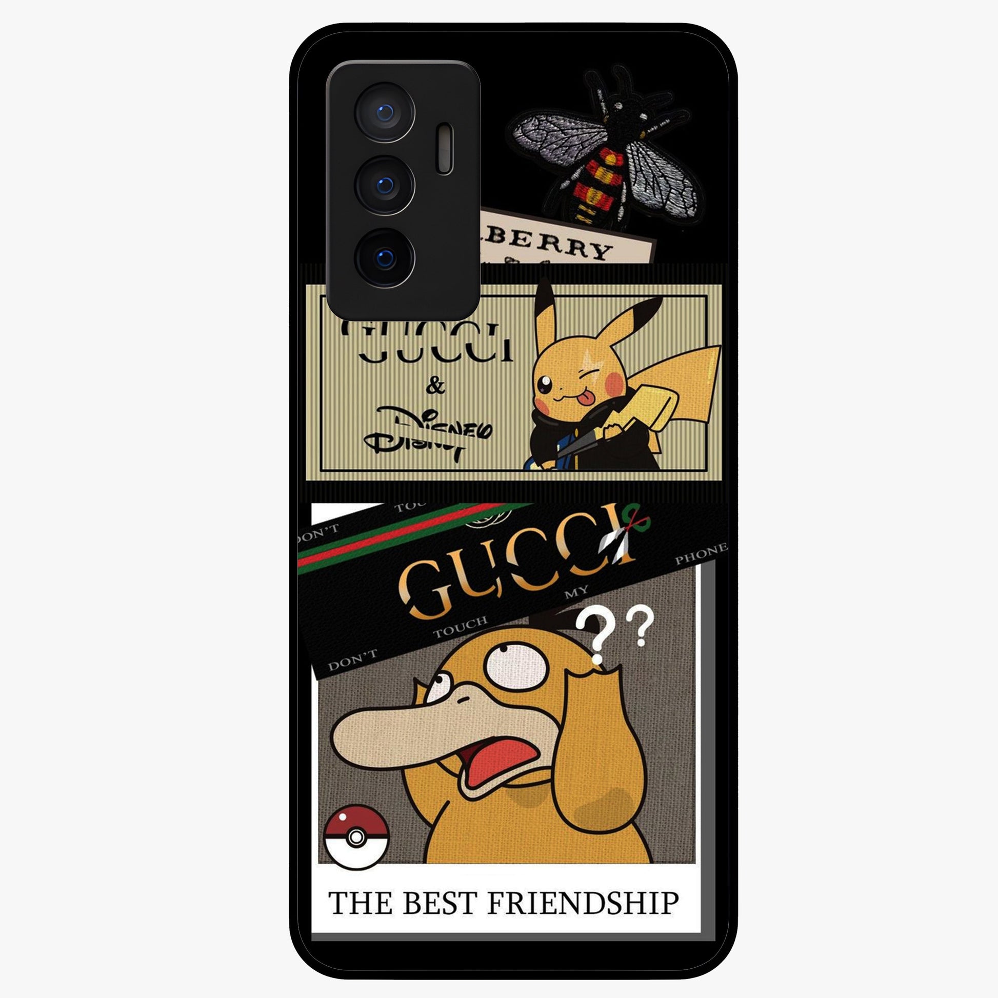 Gucci Play Mashup Glass Case showing flat back view with luxury inspired graphic artwork and glossy glass finish.