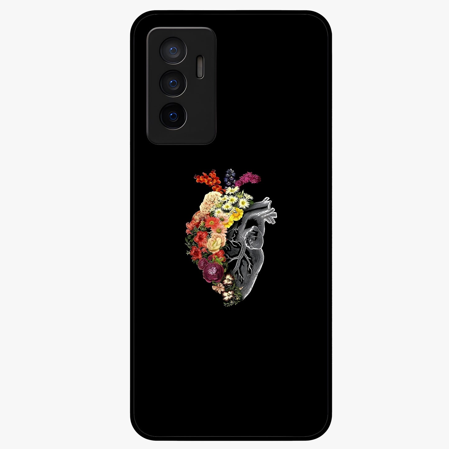 Heart With Flowers Glass Case showing flat back view with heart shaped floral artwork and glossy glass finish.