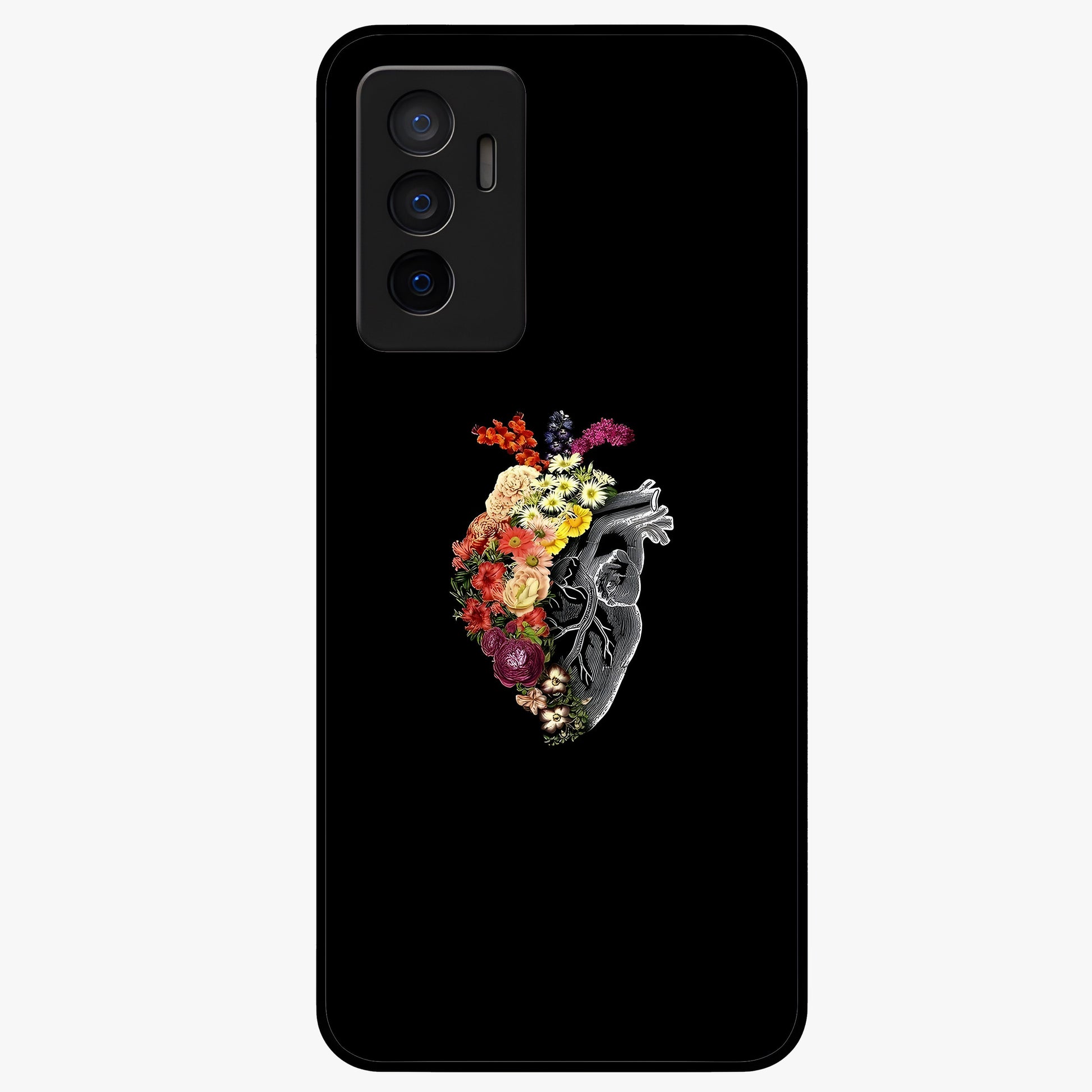 Heart With Flowers Glass Case showing flat back view with heart shaped floral artwork and glossy glass finish.