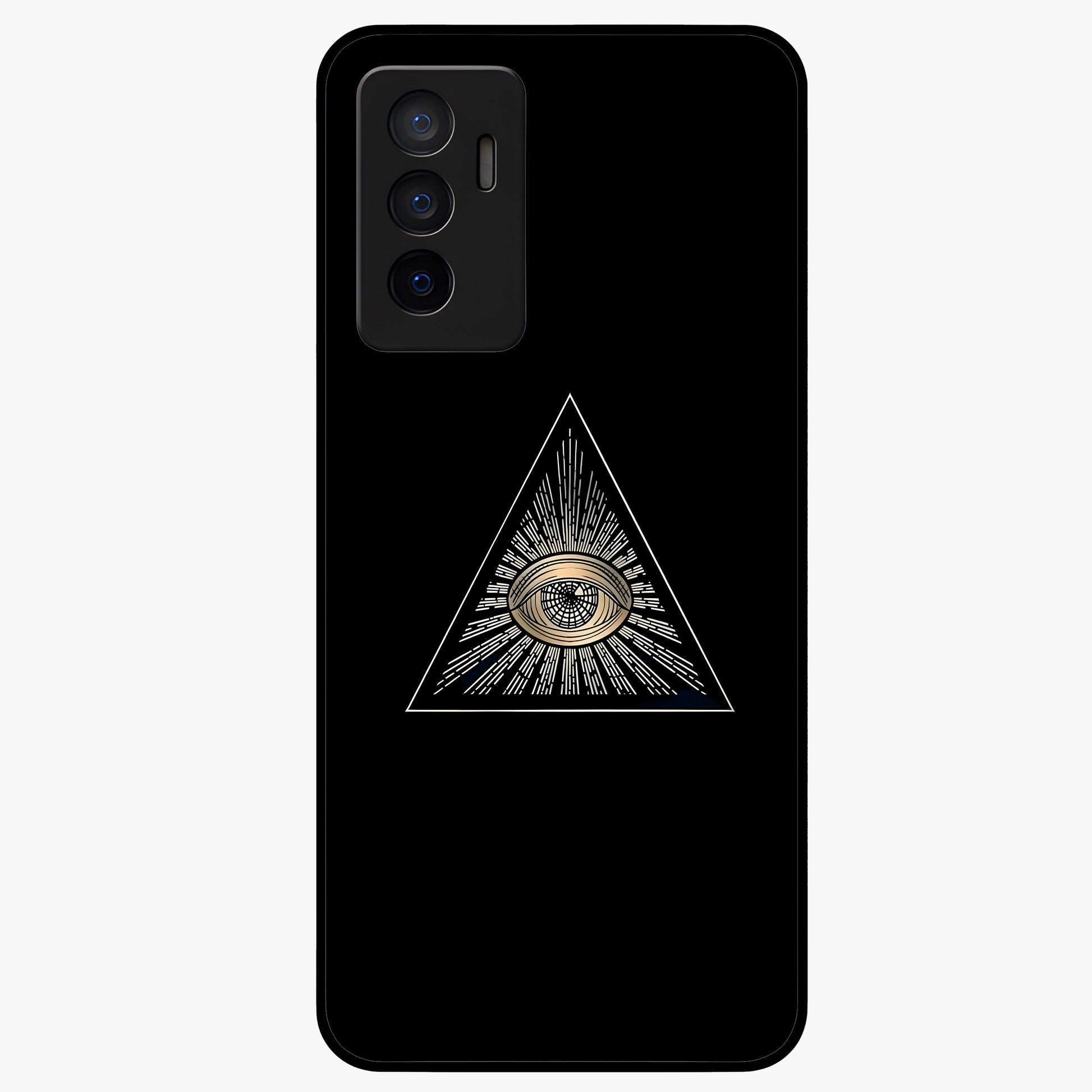 Illuminati Evil Glass Case showing flat back view with mysterious illuminati symbol artwork and glossy glass finish.