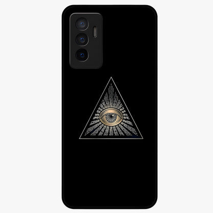 Illuminati Evil Glass Case showing flat back view with mysterious illuminati symbol artwork and glossy glass finish.