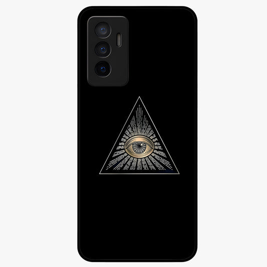 Illuminati Evil Glass Case showing flat back view with mysterious illuminati symbol artwork and glossy glass finish.