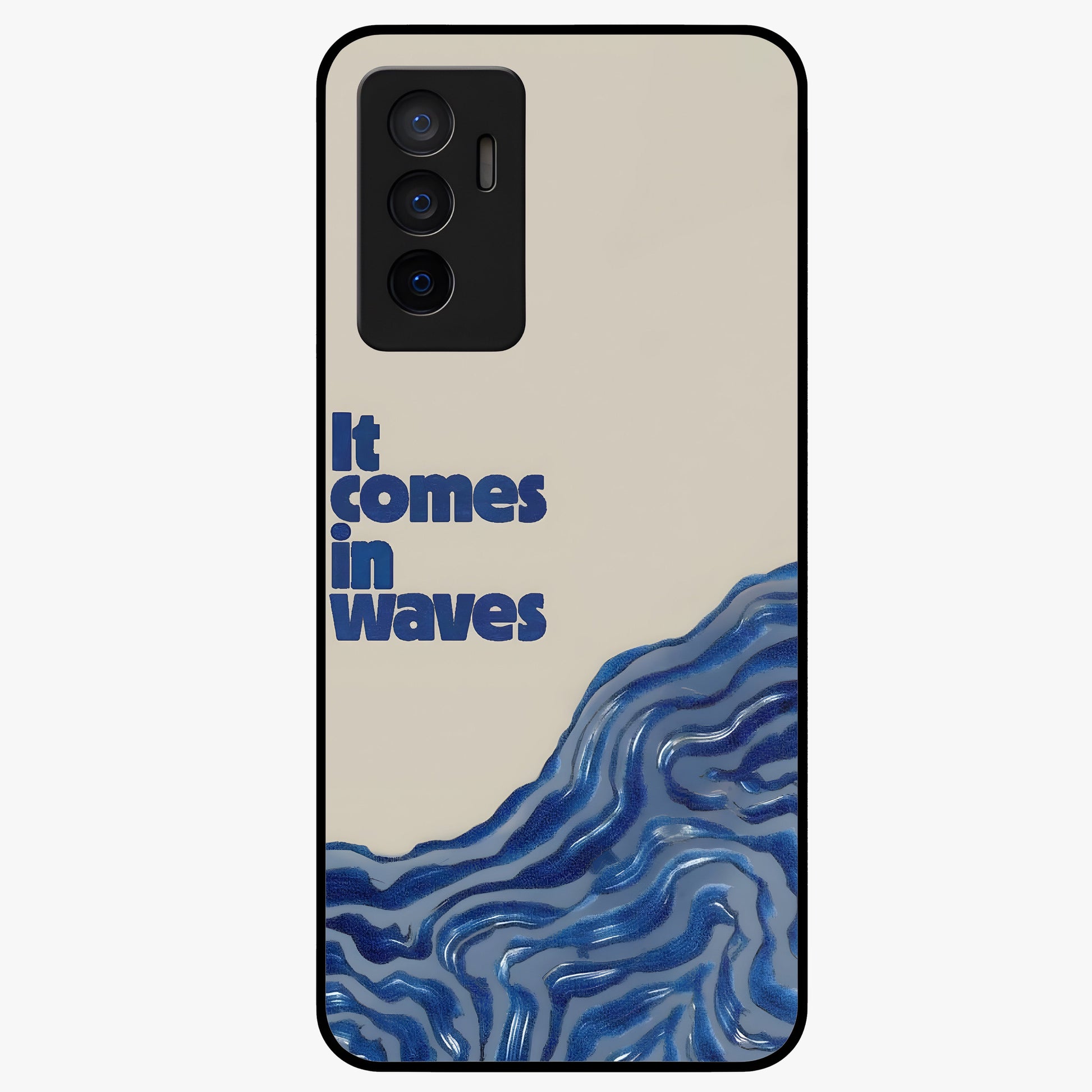 It Comes In Waves Quote Glass Case showing flat back view with inspirational wave themed quote artwork and glossy glass finish.