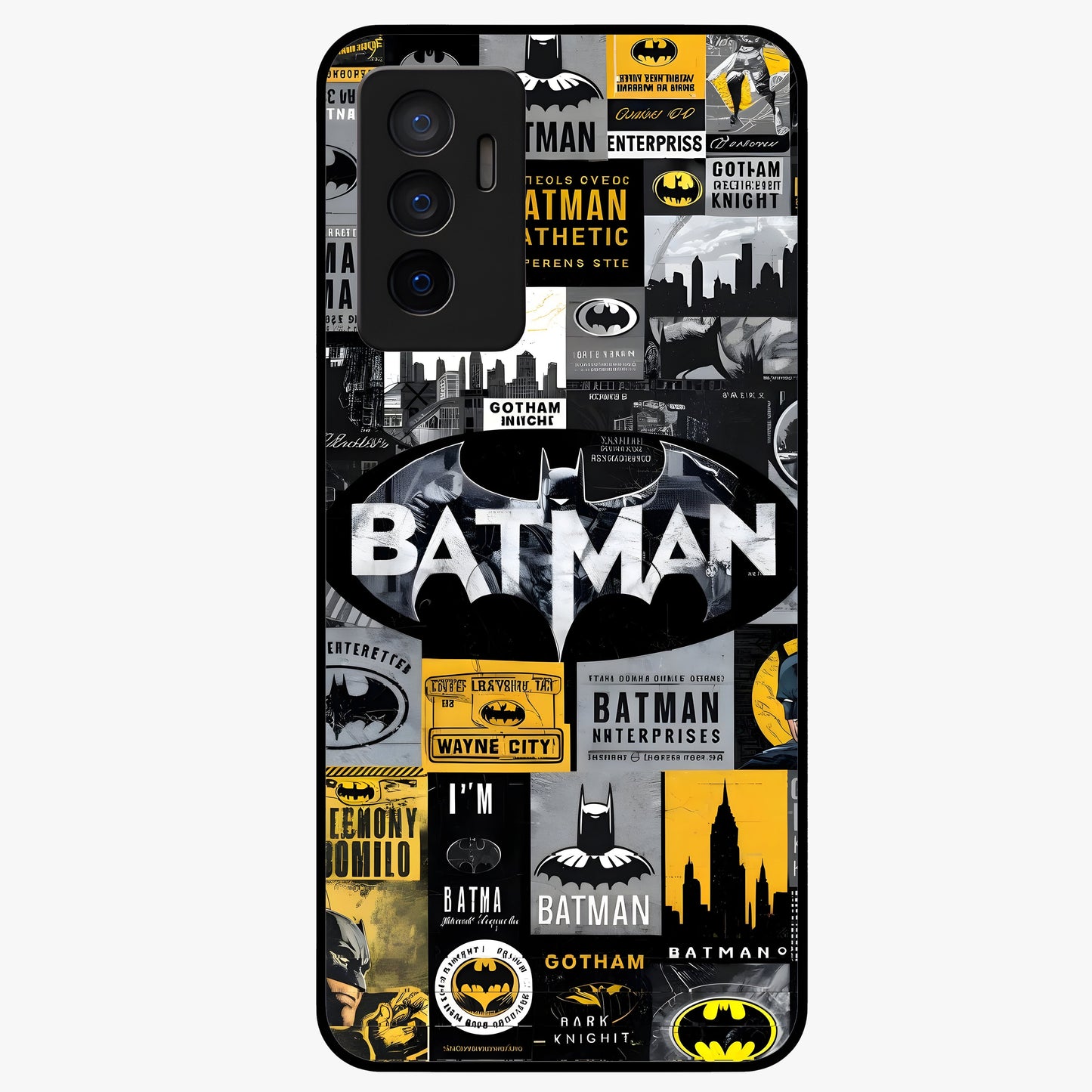 Knight Gotham Rise Glass Case showing flat back view with dark hero inspired artwork and glossy glass finish.