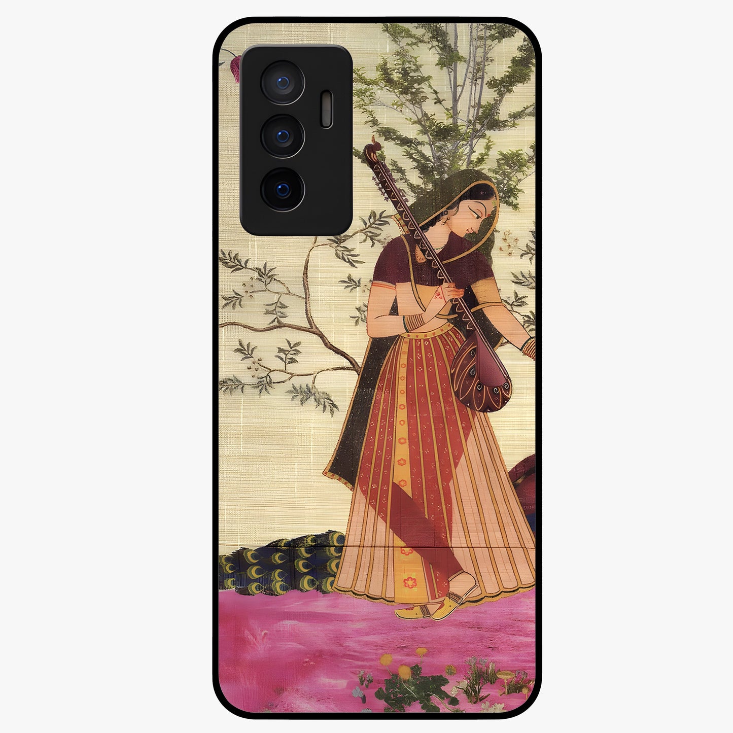 Lady With Veena Art Glass Case showing flat back view with elegant woman playing veena artwork and glossy glass finish.