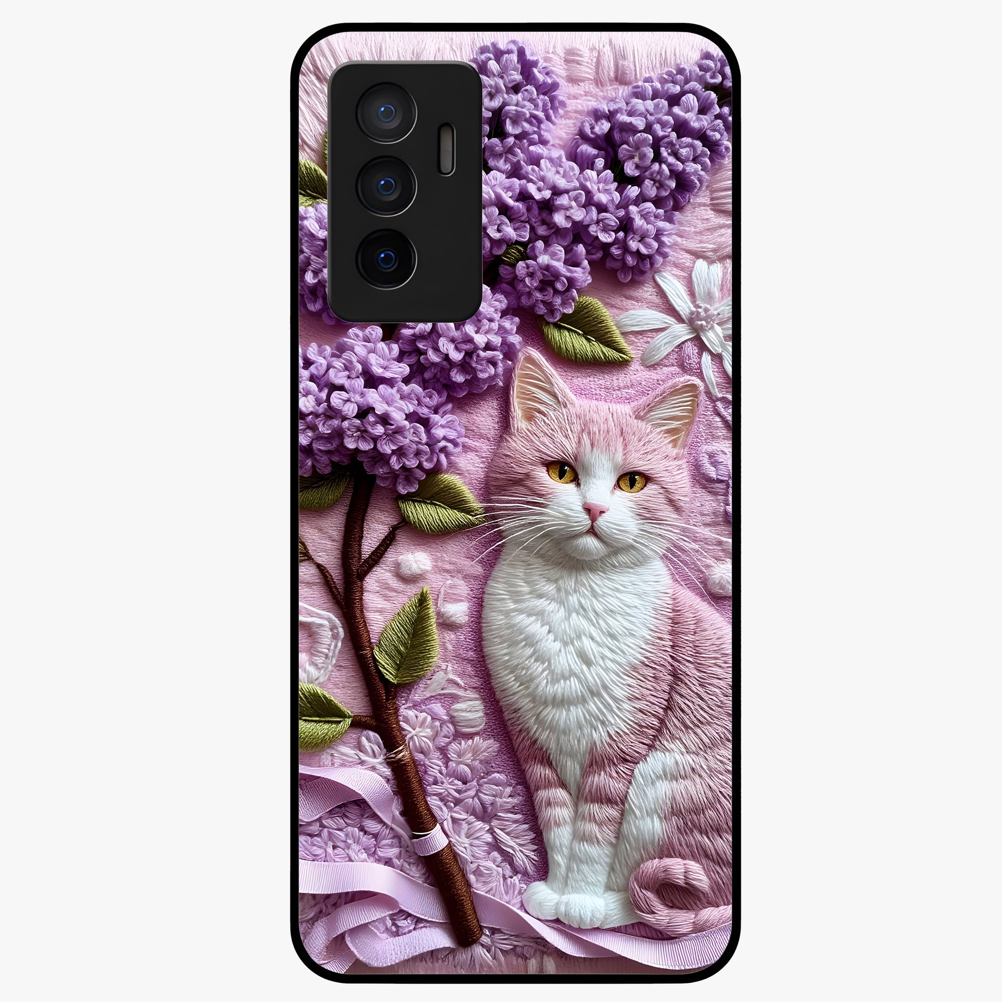 Lavender Cat Whimsy Glass Case showing flat back view with cute lavender cat artwork and glossy glass finish.