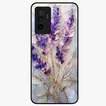 Lavender Dream Glow Glass Case showing flat back view with glowing lavender aesthetic artwork and glossy glass finish.