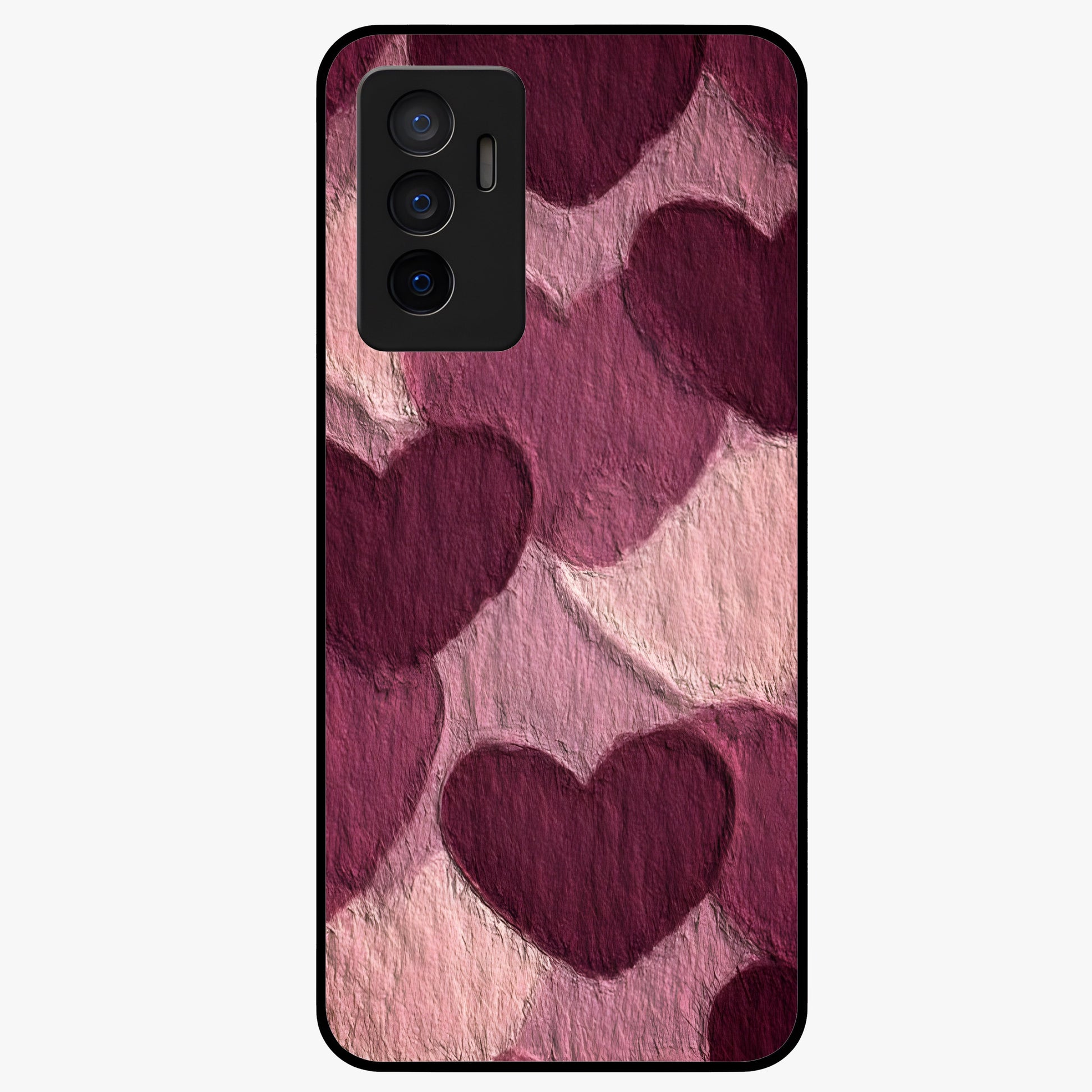 Layered Paper Hearts Glass Case showing flat back view with layered paper heart artwork and glossy glass finish.