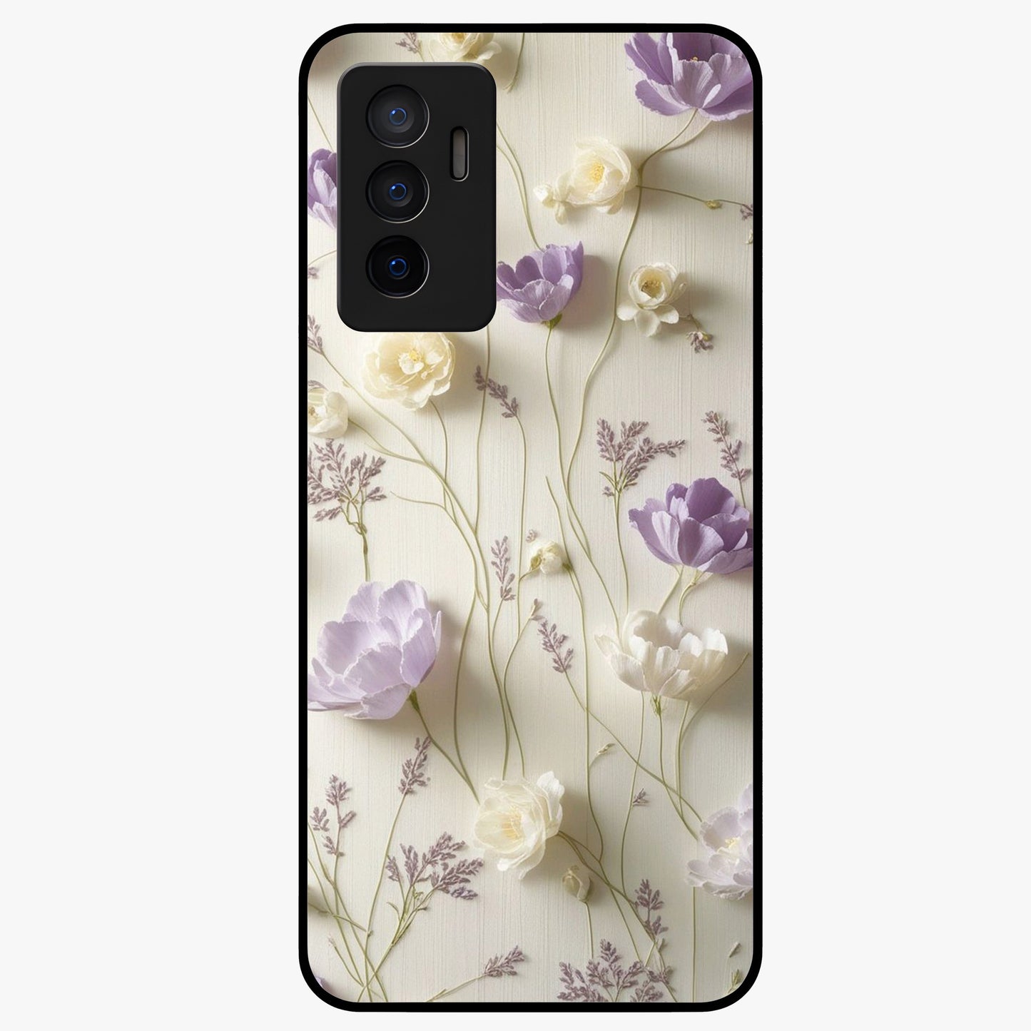 Lilac Breeze Harmony Glass Case showing flat back view with soft lilac themed artwork and glossy glass finish.