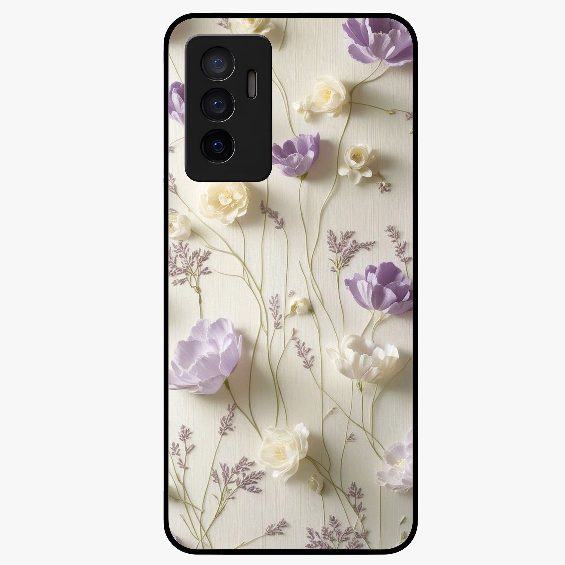 Lilac Breeze Harmony Glass Case showing flat back view with soft lilac themed artwork and glossy glass finish.