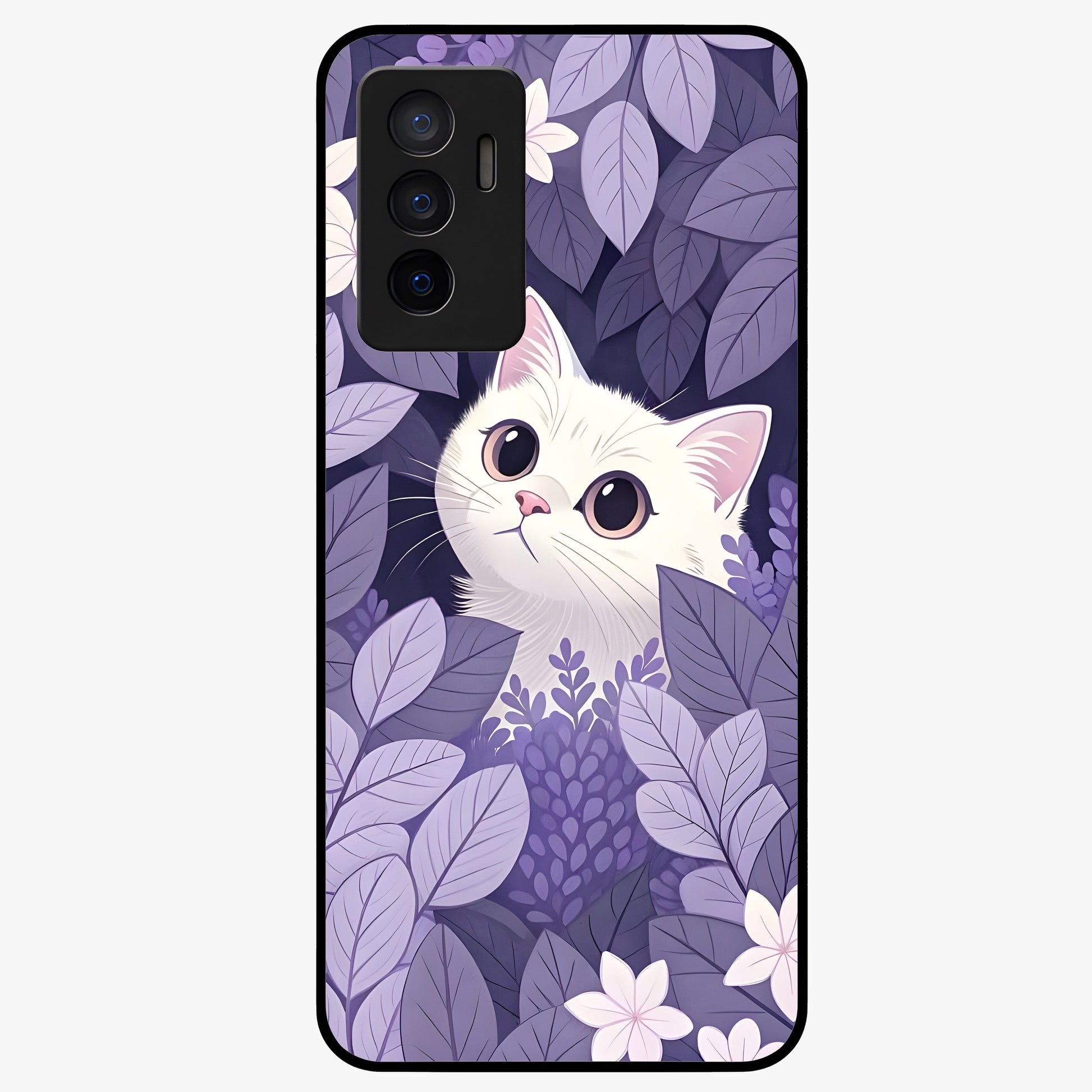 Lilac Hide Peek Cat Glass Case showing flat back view with cute peeking cat artwork and glossy glass finish.