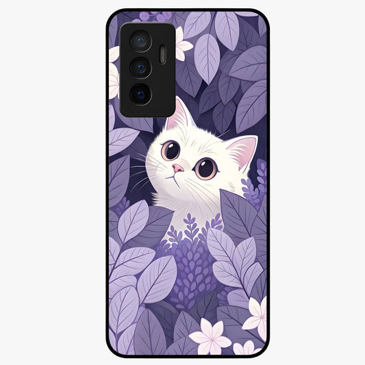 Lilac Hide Peek Cat Glass Case showing flat back view with cute peeking cat artwork and glossy glass finish.
