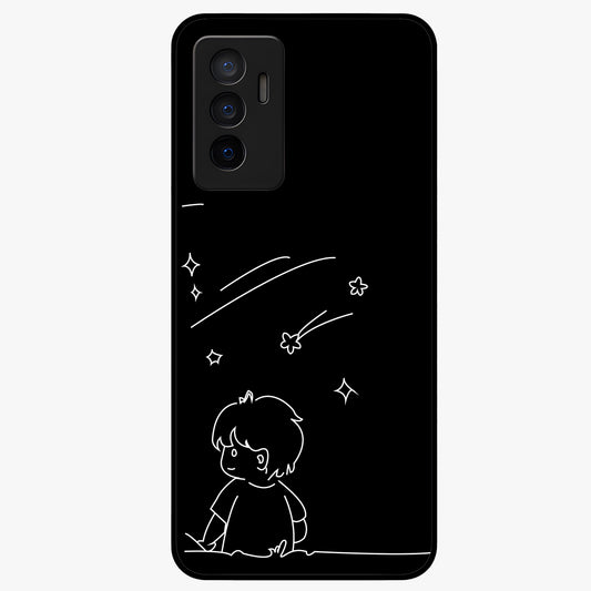 Line Art Boy With Shooting Stars Glass Case showing flat back view with minimal line art boy and shooting stars illustration and glossy glass finish.