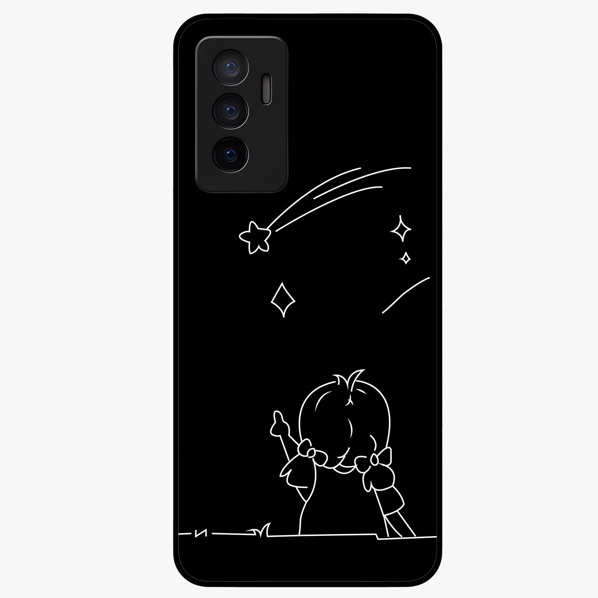 Line Art Girl With Shooting Stars Glass Case showing flat back view with minimal line art girl and shooting stars illustration and glossy glass finish.